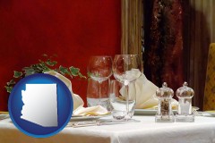 arizona map icon and a French restaurant table setting