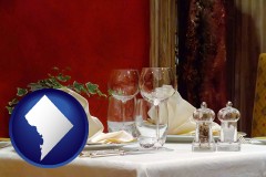 washington-dc map icon and a French restaurant table setting