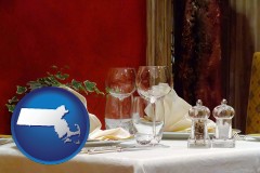 massachusetts map icon and a French restaurant table setting