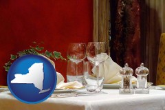 new-york map icon and a French restaurant table setting