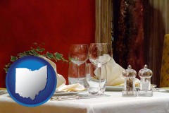 ohio map icon and a French restaurant table setting